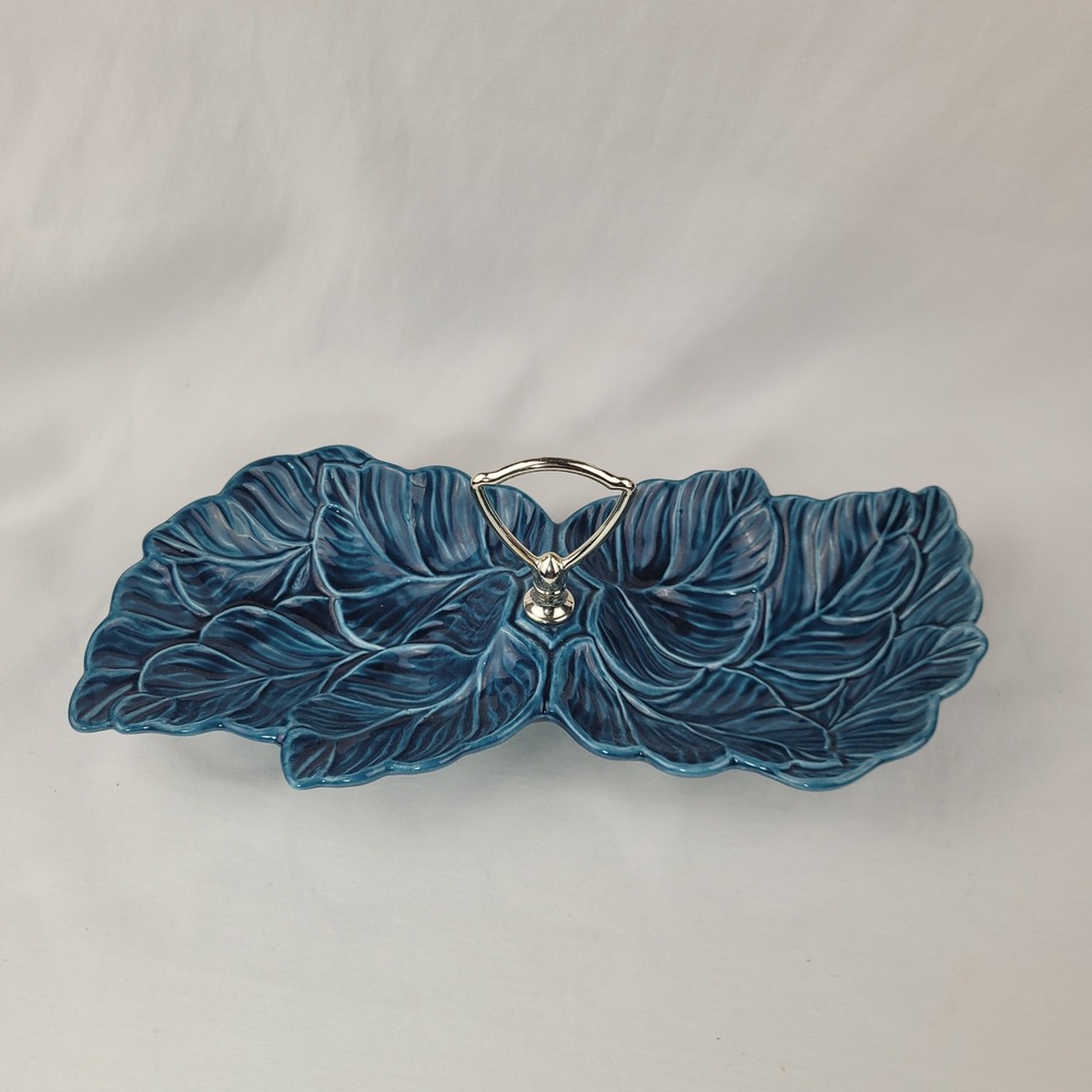 Vintage Blue Ceramic Double Leaf Serving Tray Metal Handle Made in USA 118